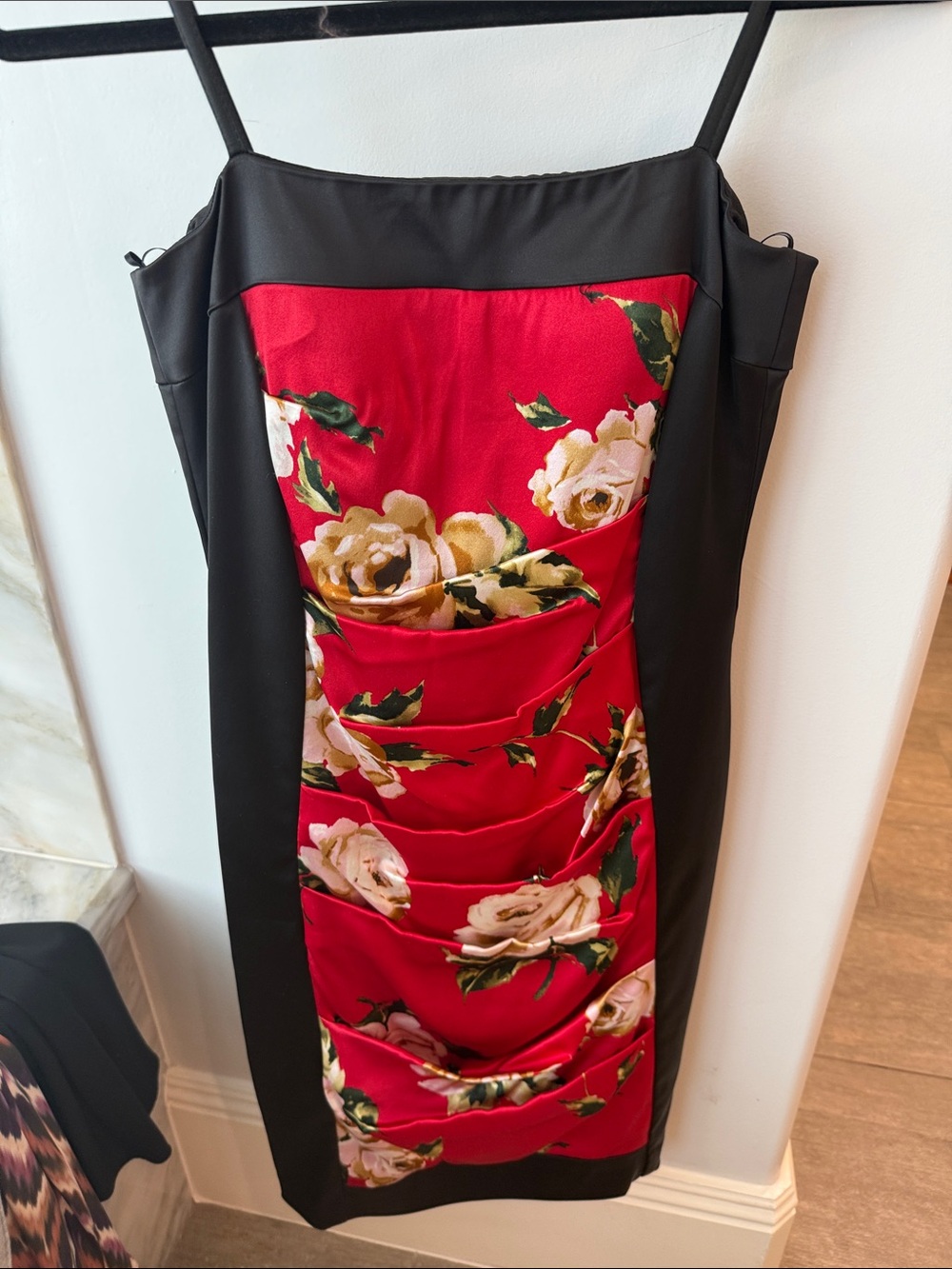 Cache Red and Black Strapless Floral Sheath Dress